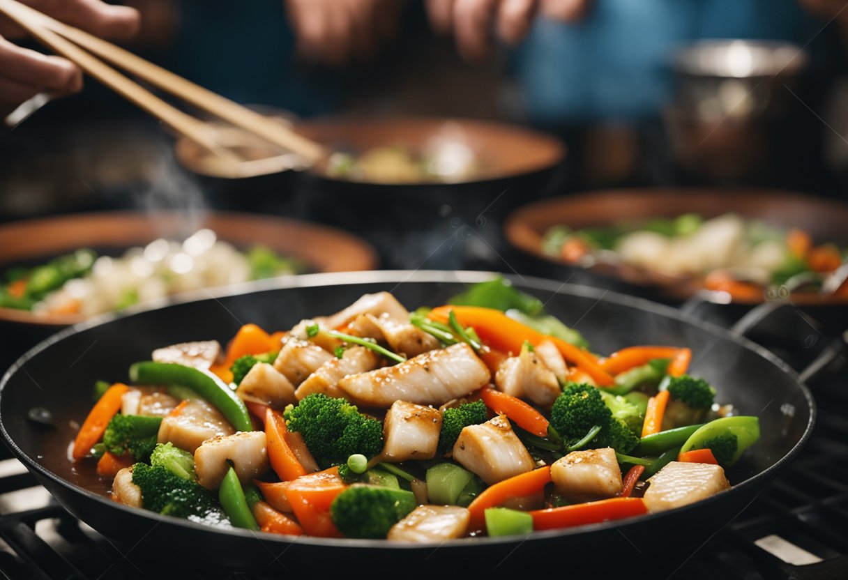 A wok sizzles with white fish stir-frying in a fragrant Chinese sauce, surrounded by vibrant vegetables and aromatic spices