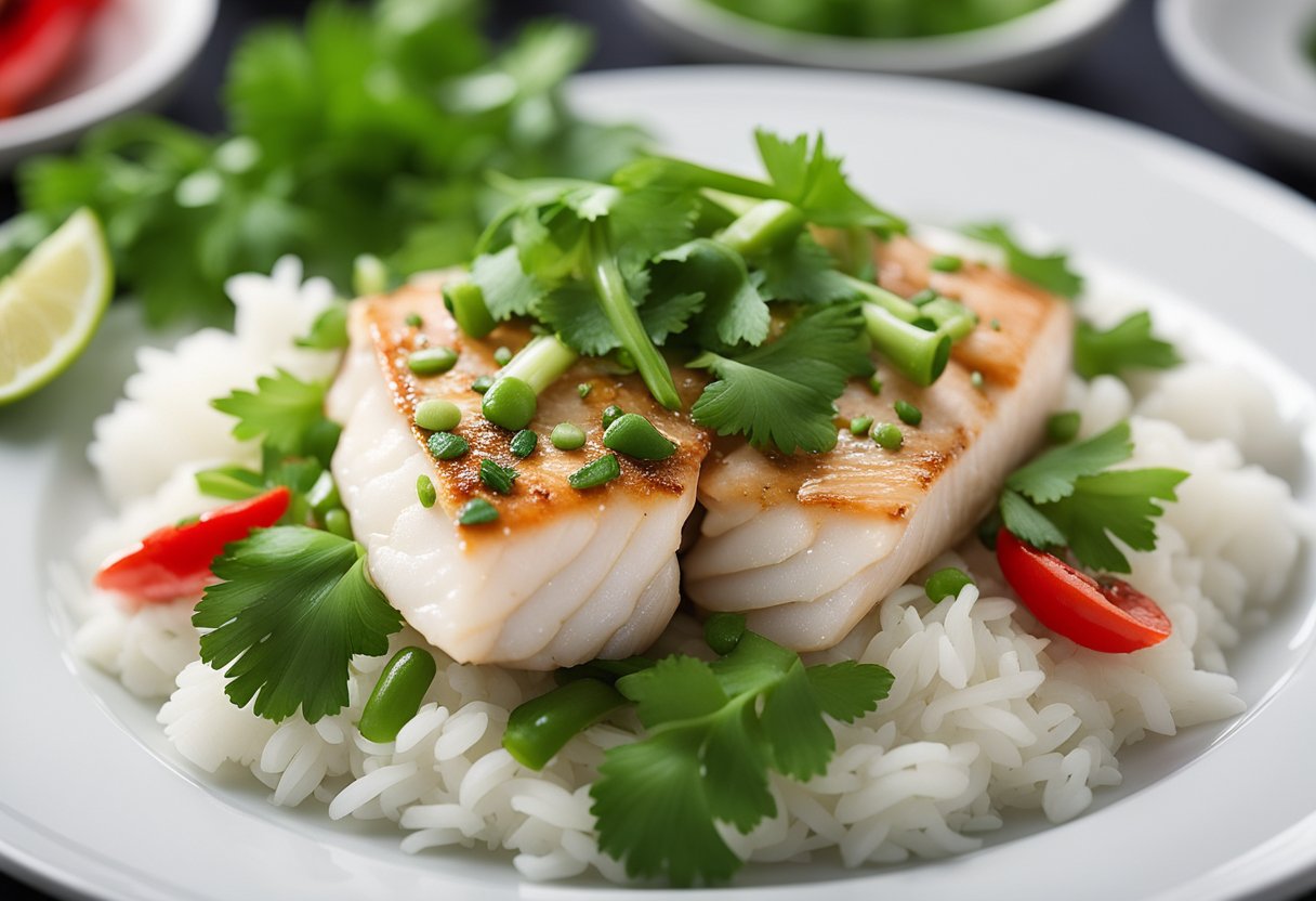 A platter of steamed white fish with ginger and scallions, adorned with vibrant green cilantro and red chili slices, served on a bed of fluffy white rice