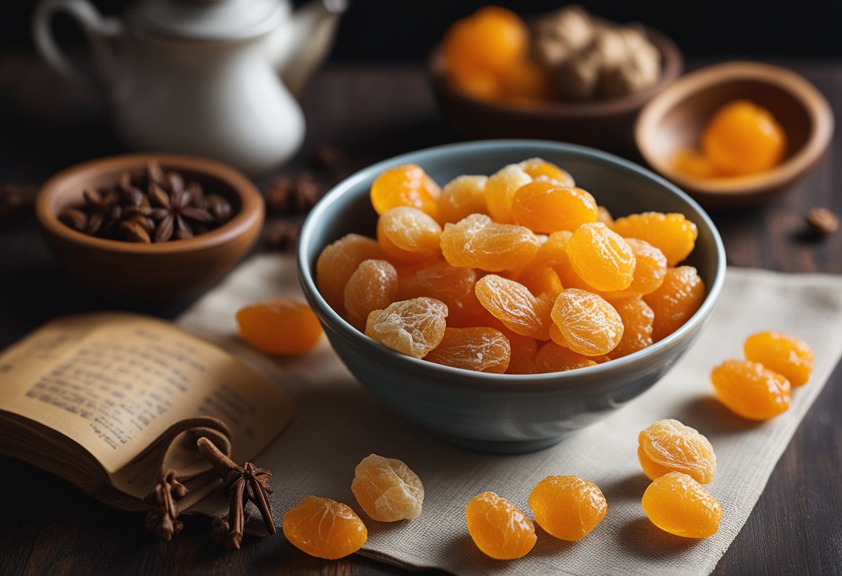 A bowl of dried kumquats, surrounded by traditional Chinese ingredients like ginger, star anise, and rock sugar, with a recipe book open to a page detailing the process
