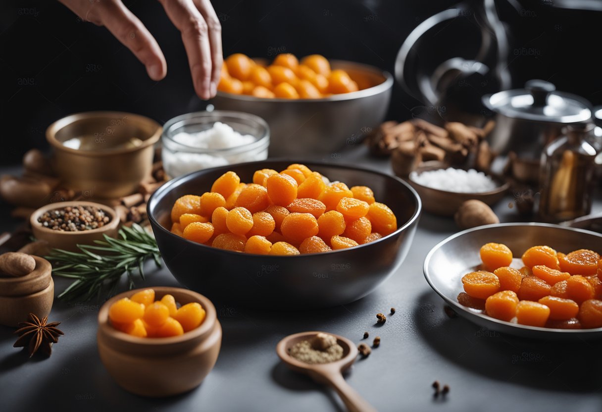 A hand reaches for a bowl of dried kumquats, surrounded by jars of sugar and spices, as a pot of boiling water simmers on the stove