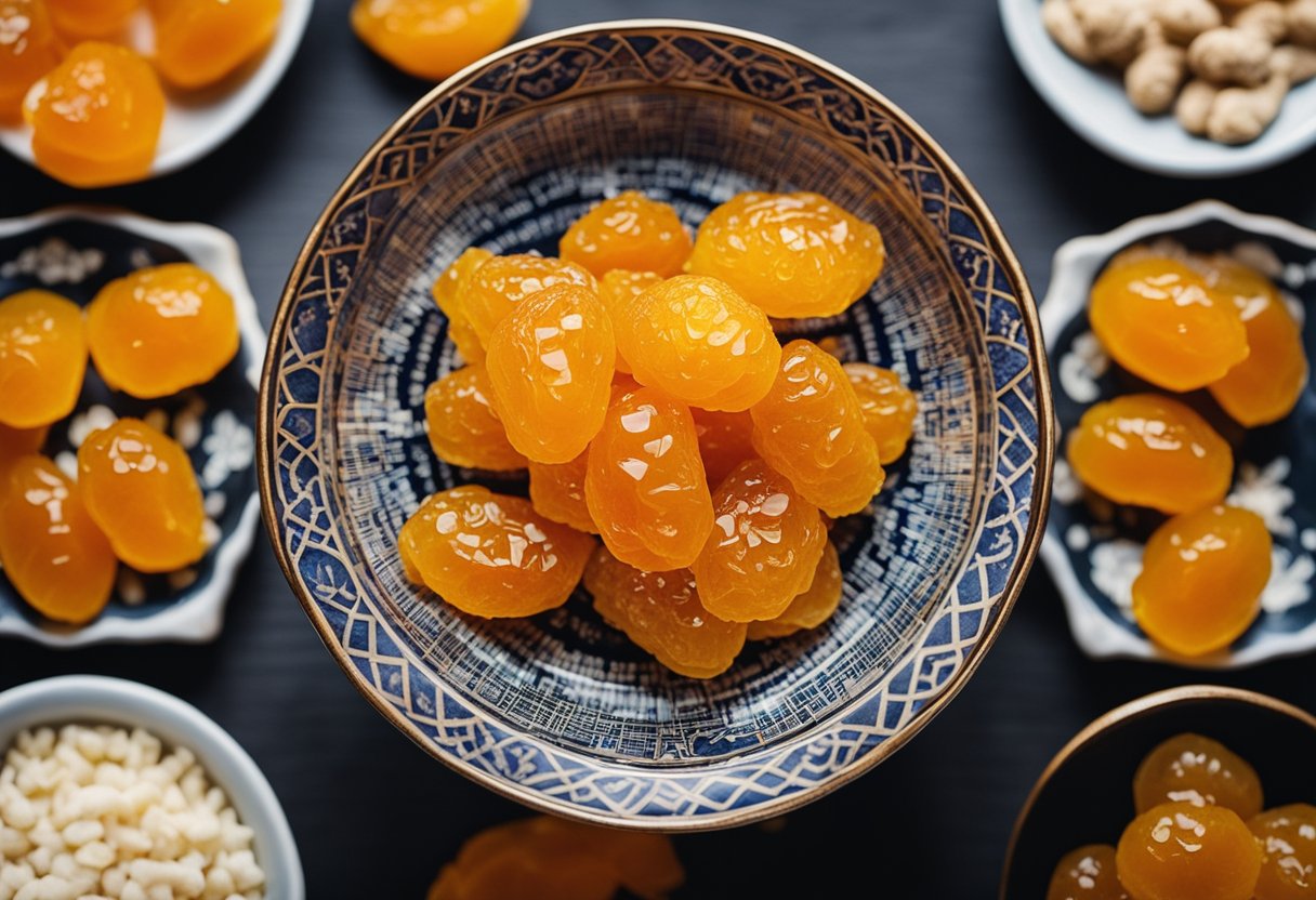 A bowl of dried kumquats soaking in a sweet and tangy syrup, surrounded by traditional Chinese ingredients like ginger and rock sugar