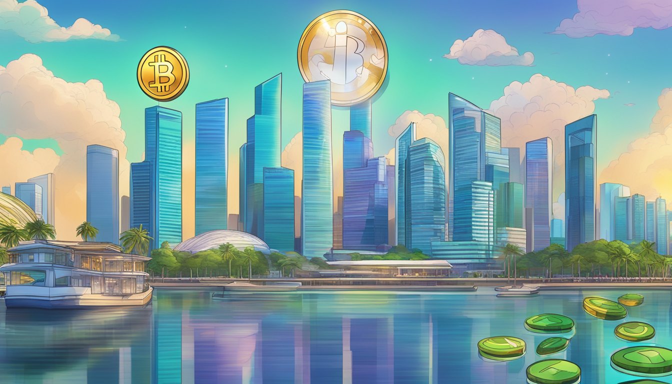 USDT and Cryptocurrency symbols rising above Singapore skyline
