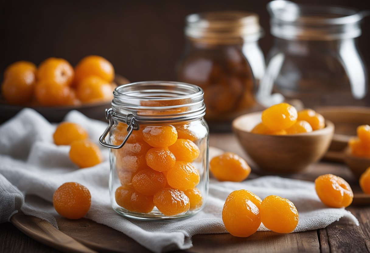 Dried kumquats arranged in glass jars, with a small bowl of sugar and a pair of tongs nearby. A spoon rests on a plate next to the jars