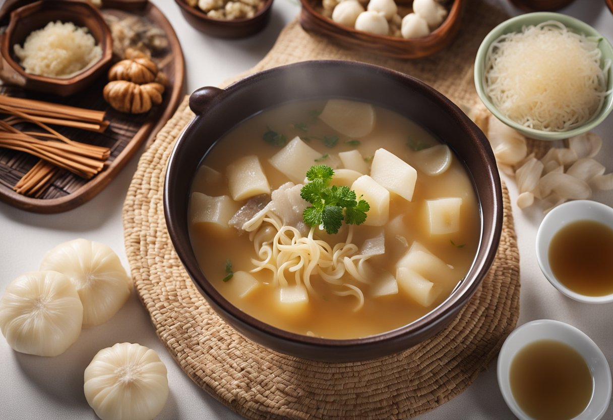 A pot of simmering white fungus soup with Chinese herbs and ingredients