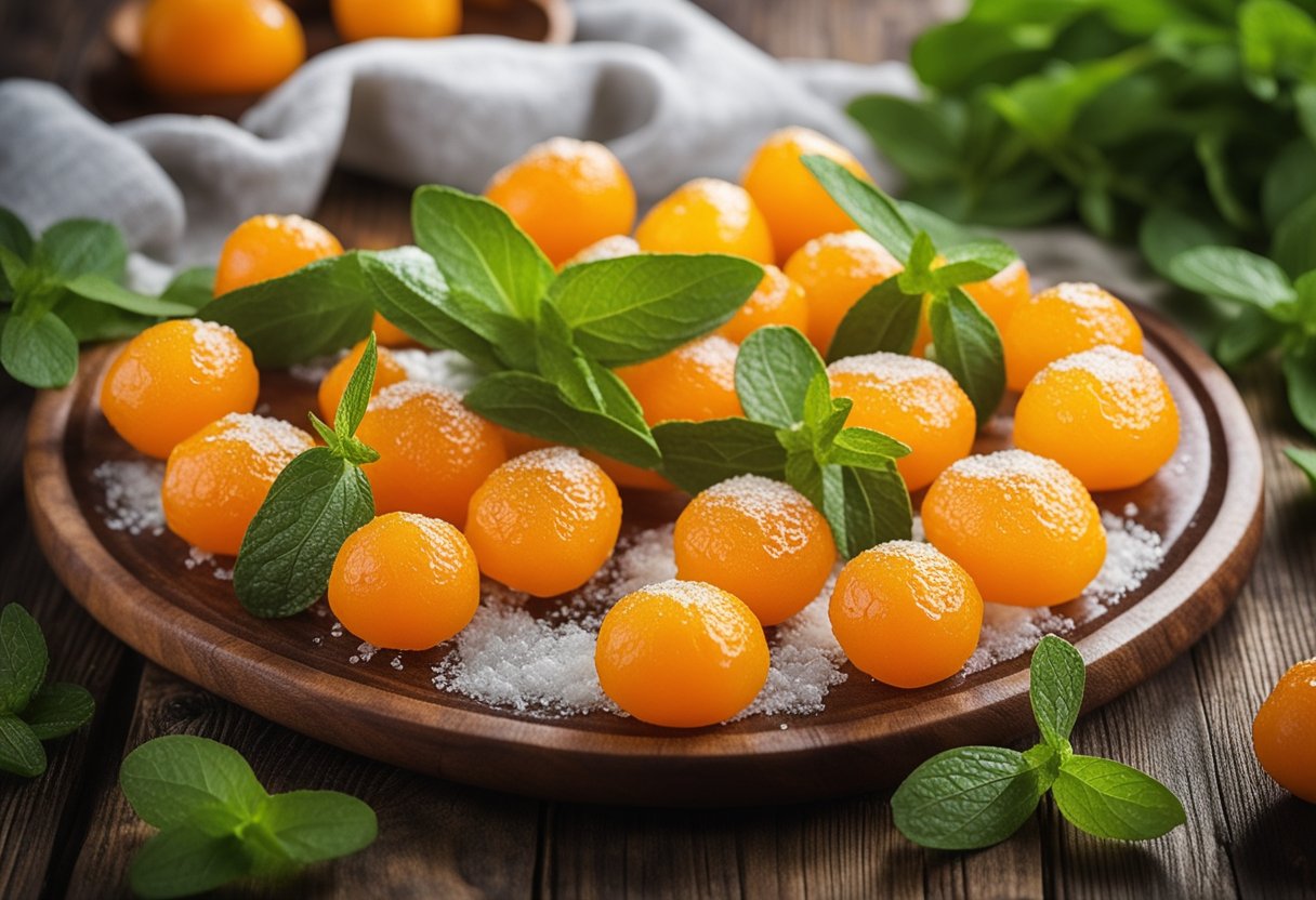 Preserved kumquats arranged in a decorative pattern on a wooden platter, surrounded by fresh mint leaves and a sprinkle of sugar