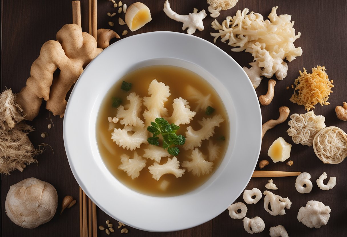 A hand reaching for dried white fungus, ginger, and broth for a Chinese soup recipe