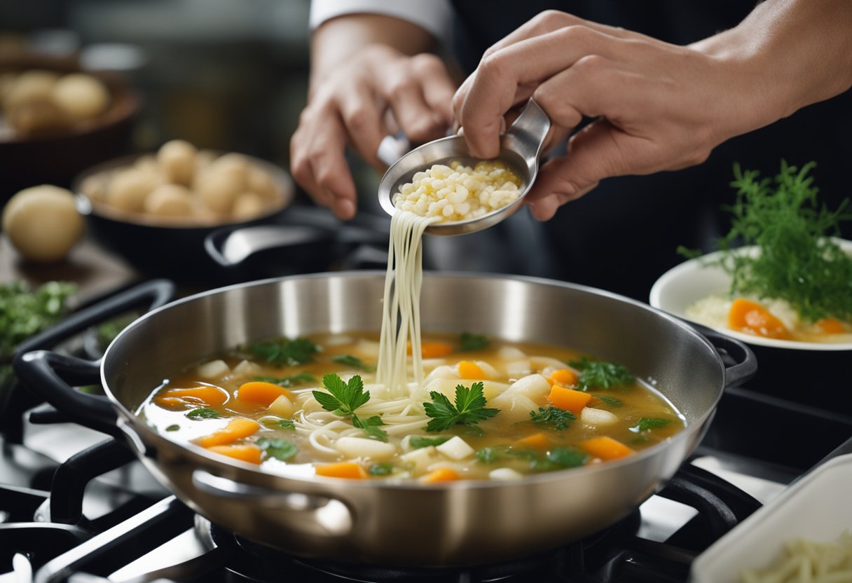 A pot simmers on the stove, filled with broth, white fungus, and various herbs. A chef carefully measures and adds ingredients, stirring the fragrant soup