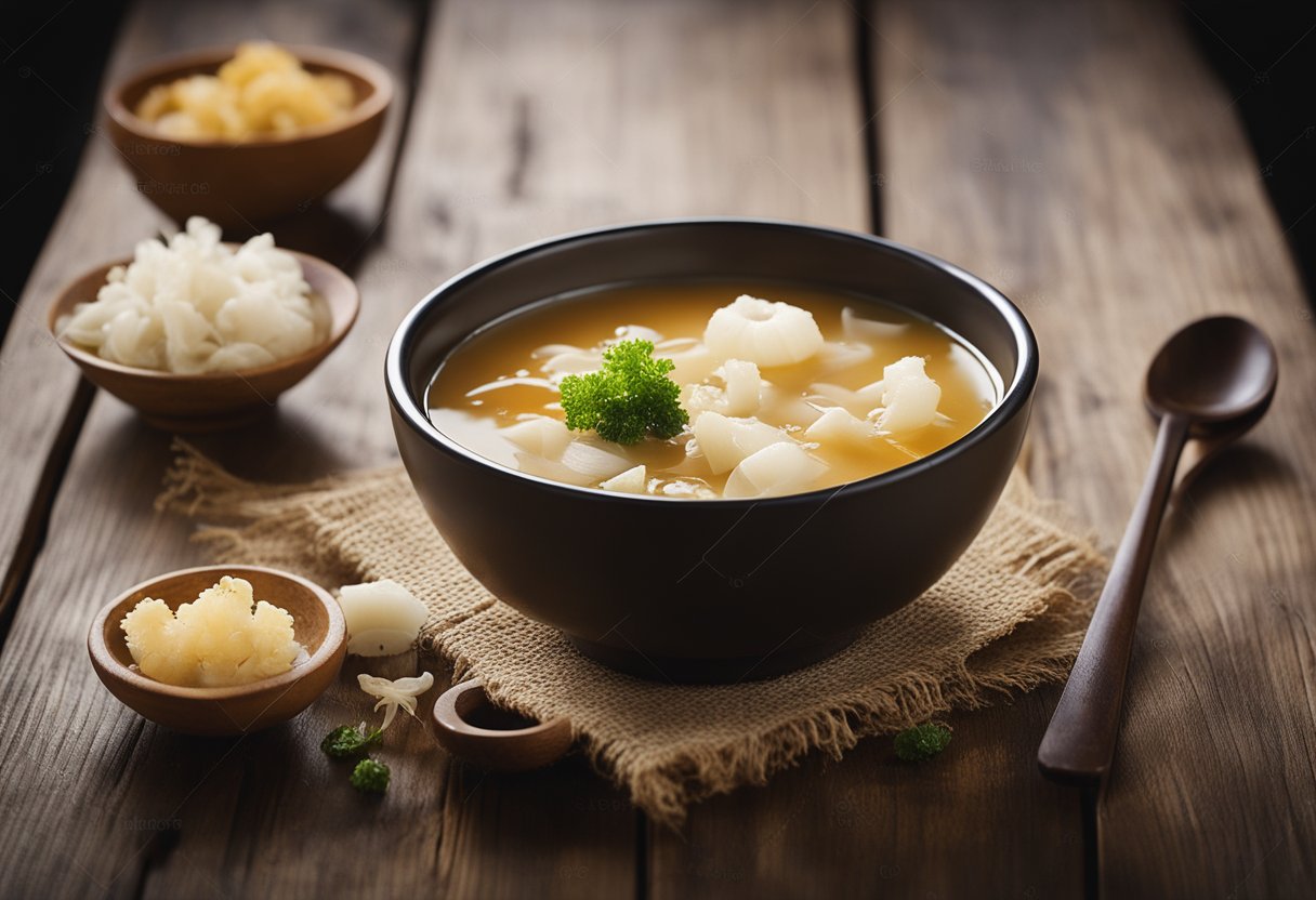A bowl of white fungus soup with garnish on a wooden table