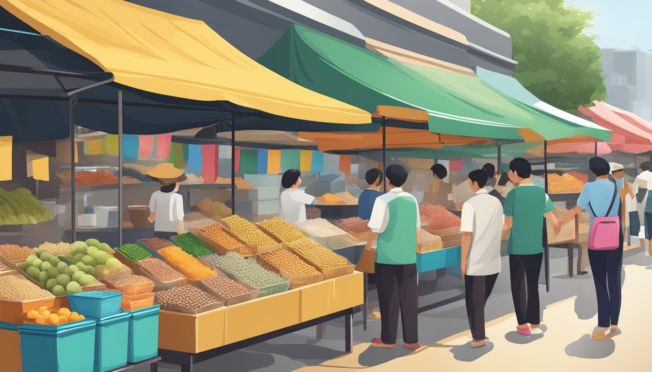 A bustling Singaporean market stall sells belacan, with colorful packaging and a variety of sizes on display