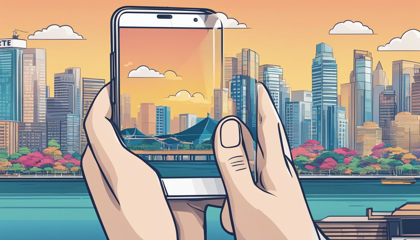 A hand holding a smartphone displaying a Vanguard ETF purchase confirmation, with a Singapore skyline in the background