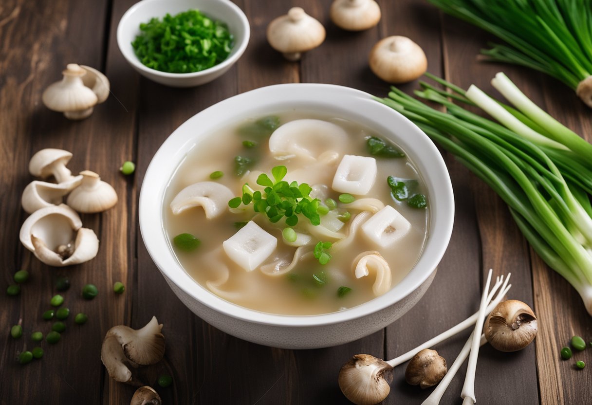 A steaming bowl of white fungus soup sits on a rustic wooden table, garnished with fresh green onions and floating delicate slices of mushrooms