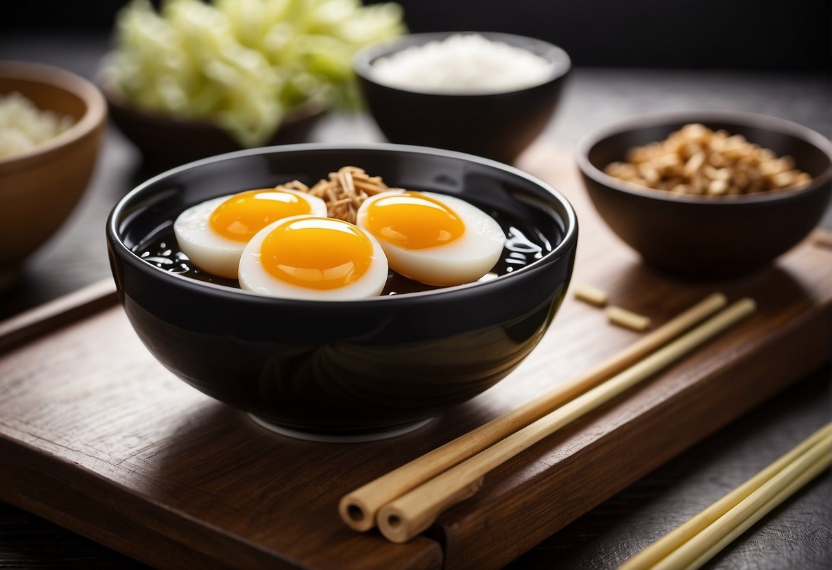 A bowl of preserved eggs surrounded by ingredients like soy sauce, ginger, and sugar. A pot of boiling water and a pair of chopsticks for preparation