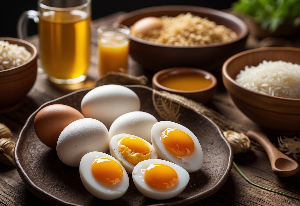 A table with ingredients: eggs, tea, salt, and rice husks. A pot boiling eggs in the tea mixture. Labels with nutritional information