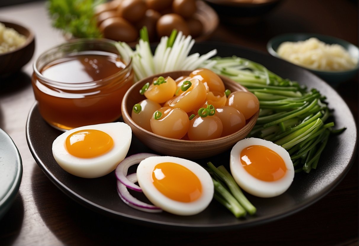 A table set with a platter of sliced preserved eggs, accompanied by a selection of condiments and garnishes, such as pickled ginger, soy sauce, and green onions
