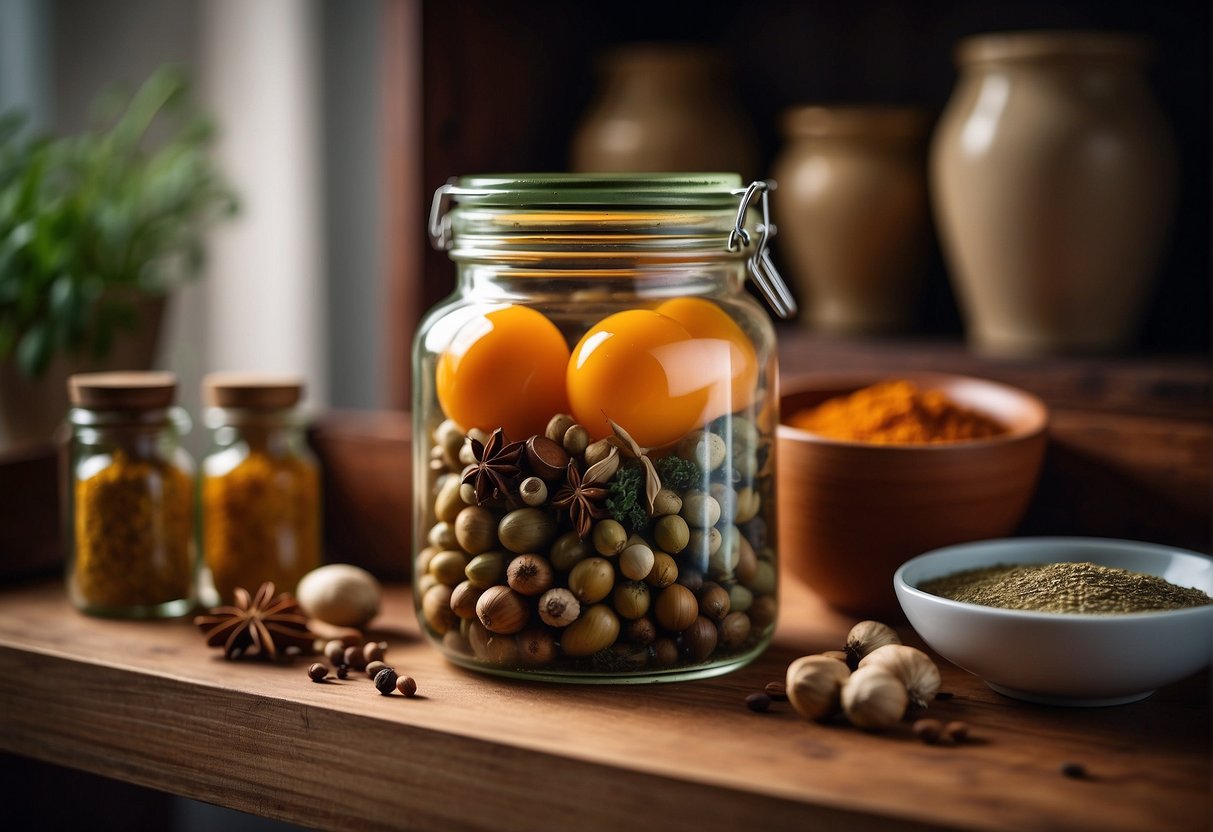 A jar of Chinese preserved eggs sits on a wooden shelf, surrounded by traditional spices and herbs for preservation