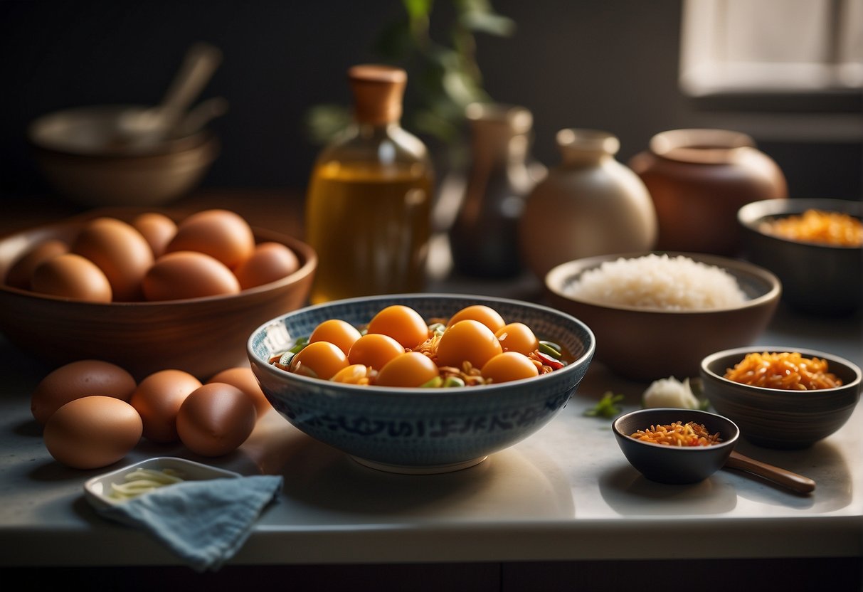 A bowl of Chinese preserved eggs surrounded by ingredients and cooking utensils on a kitchen countertop