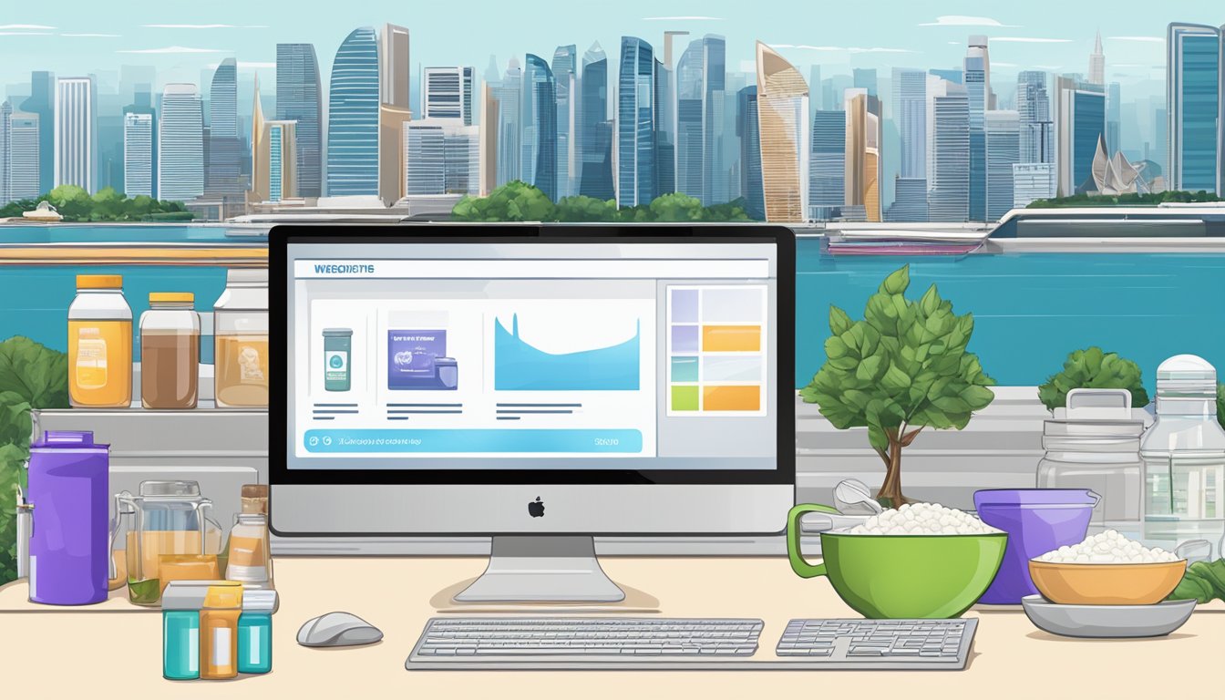 A computer screen displaying a website with various protein products available for purchase, with the Singapore skyline in the background