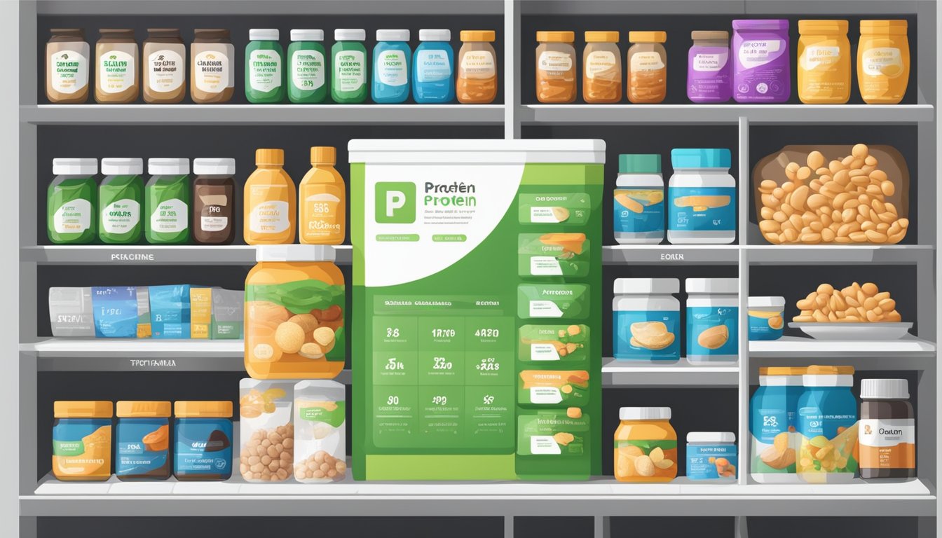 A variety of protein sources displayed on shelves with labels and prices, a computer or mobile device with "buy protein online singapore" on the screen