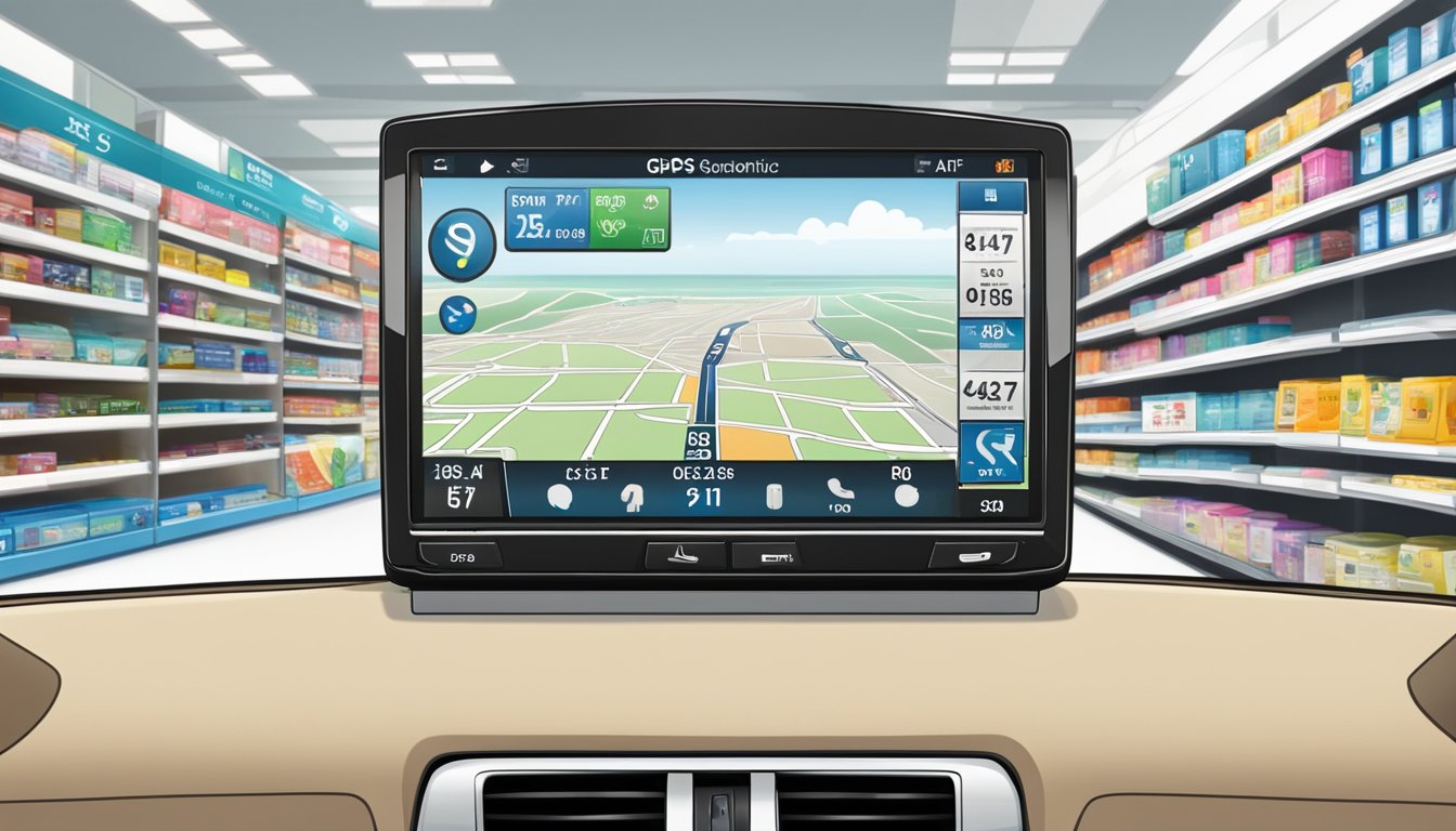A car GPS display on a shelf in a Singapore electronics store