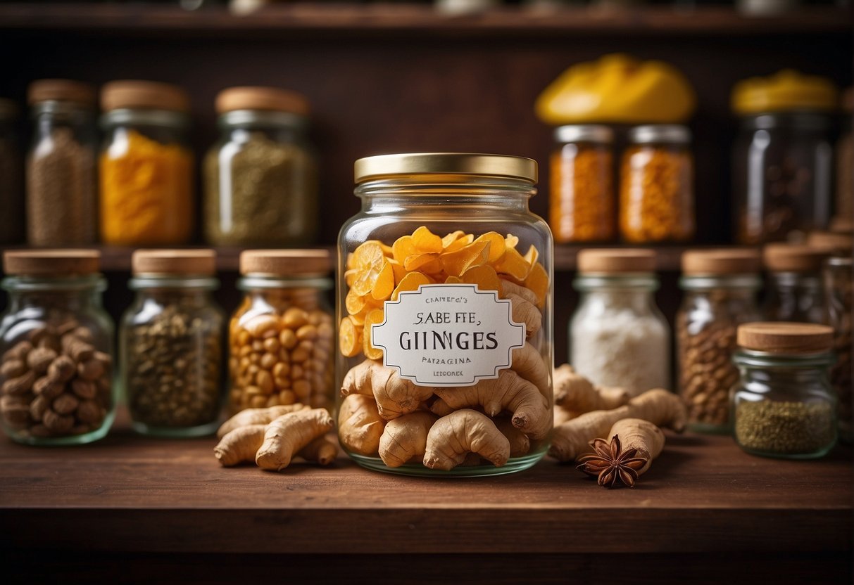 A hand reaches for a jar of Chinese preserved ginger on a shelf, surrounded by various spices and ingredients. The label on the jar is prominently displayed, and the hand is carefully considering the selection