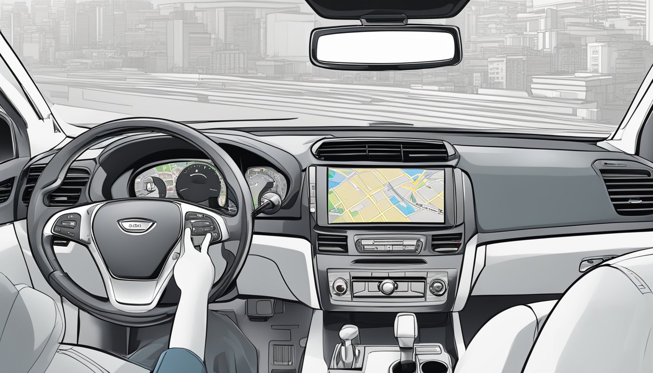 A car GPS unit being installed in a vehicle, with clear instructions and a map of Singapore displayed on the screen
