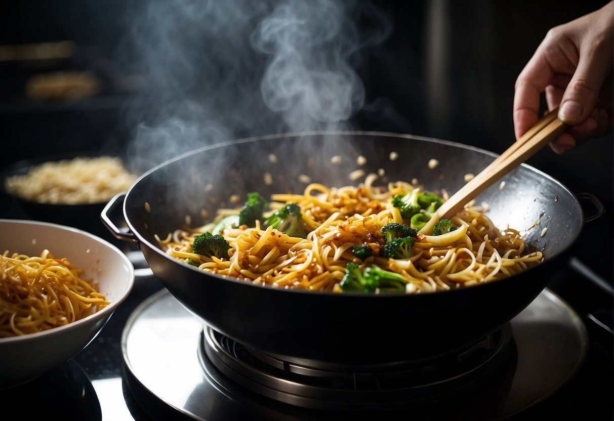 A wok sizzles with sliced ginger, garlic, and soy sauce. Steam rises as the ingredients are stirred over high heat