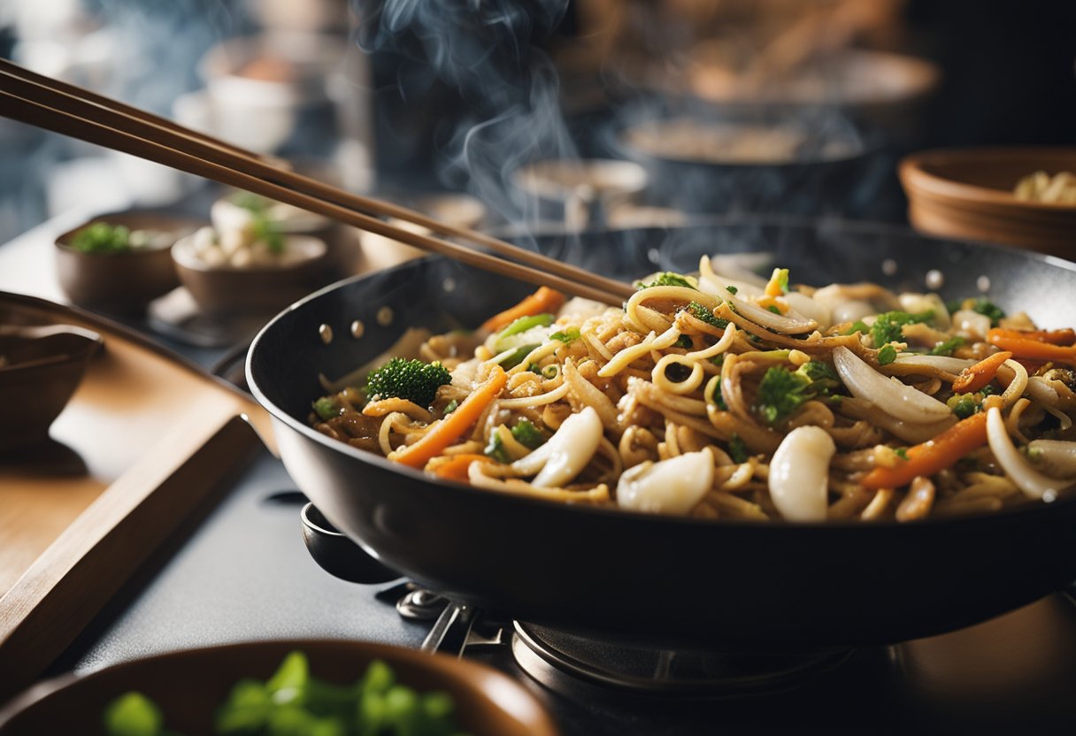 A sizzling wok stir-fries a medley of whitebait, ginger, and garlic, releasing fragrant aromas in a bustling Chinese kitchen