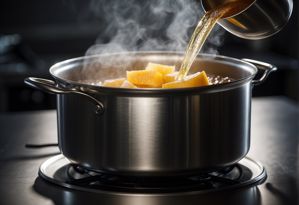 A pot simmers with sugar, water, and ginger slices. A fragrant steam rises as the syrup thickens, ready for preserving