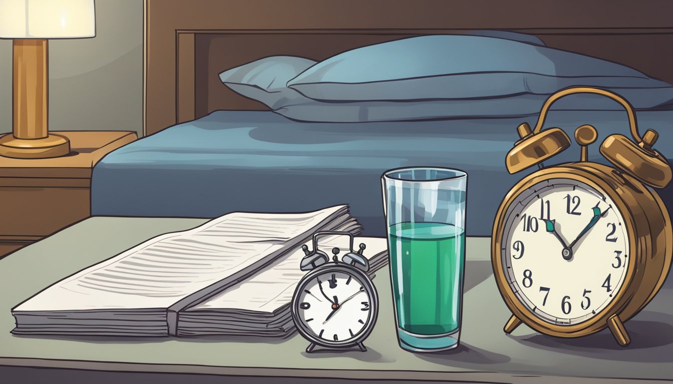 A bottle of Zopiclone pills sits on a nightstand, next to a half-empty glass of water and a clock showing 3:00 am