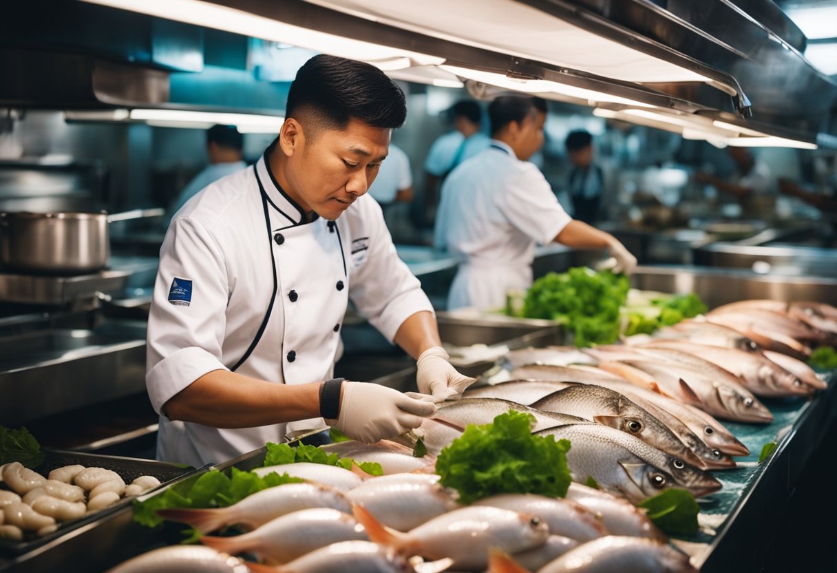 A chef carefully selects the best white snapper from a display of fresh seafood at a bustling Chinese market
