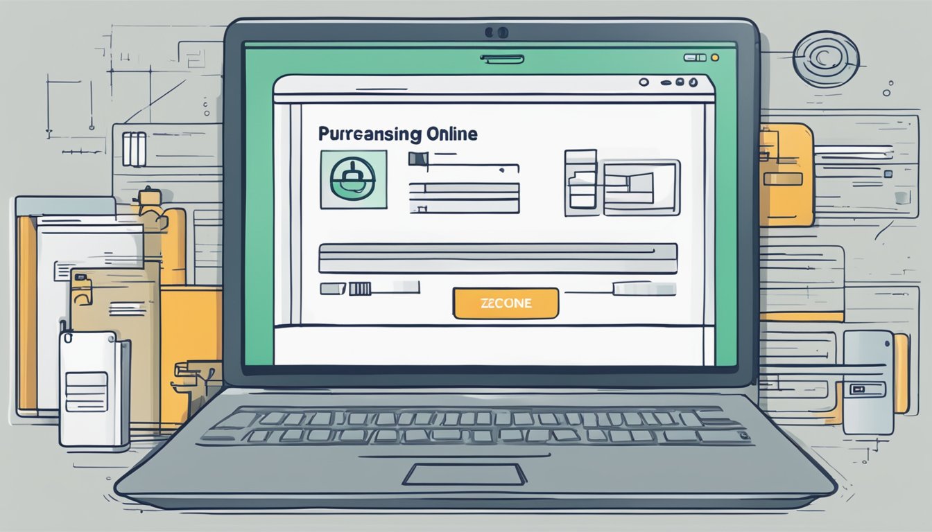 A computer screen displaying a secure website with the words "Purchasing Zopiclone Online" and a button to "buy zopiclone online"