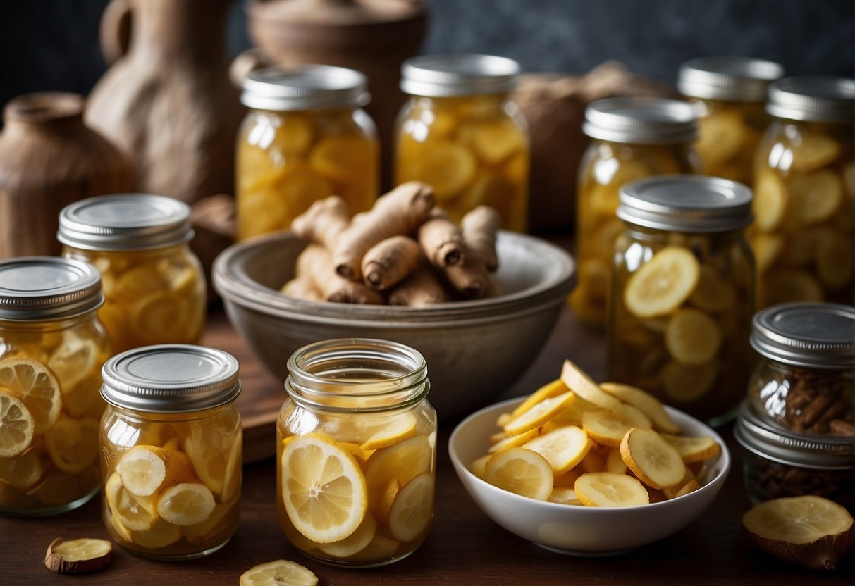 Ginger roots being peeled and sliced, then placed in jars with vinegar and sugar for preservation