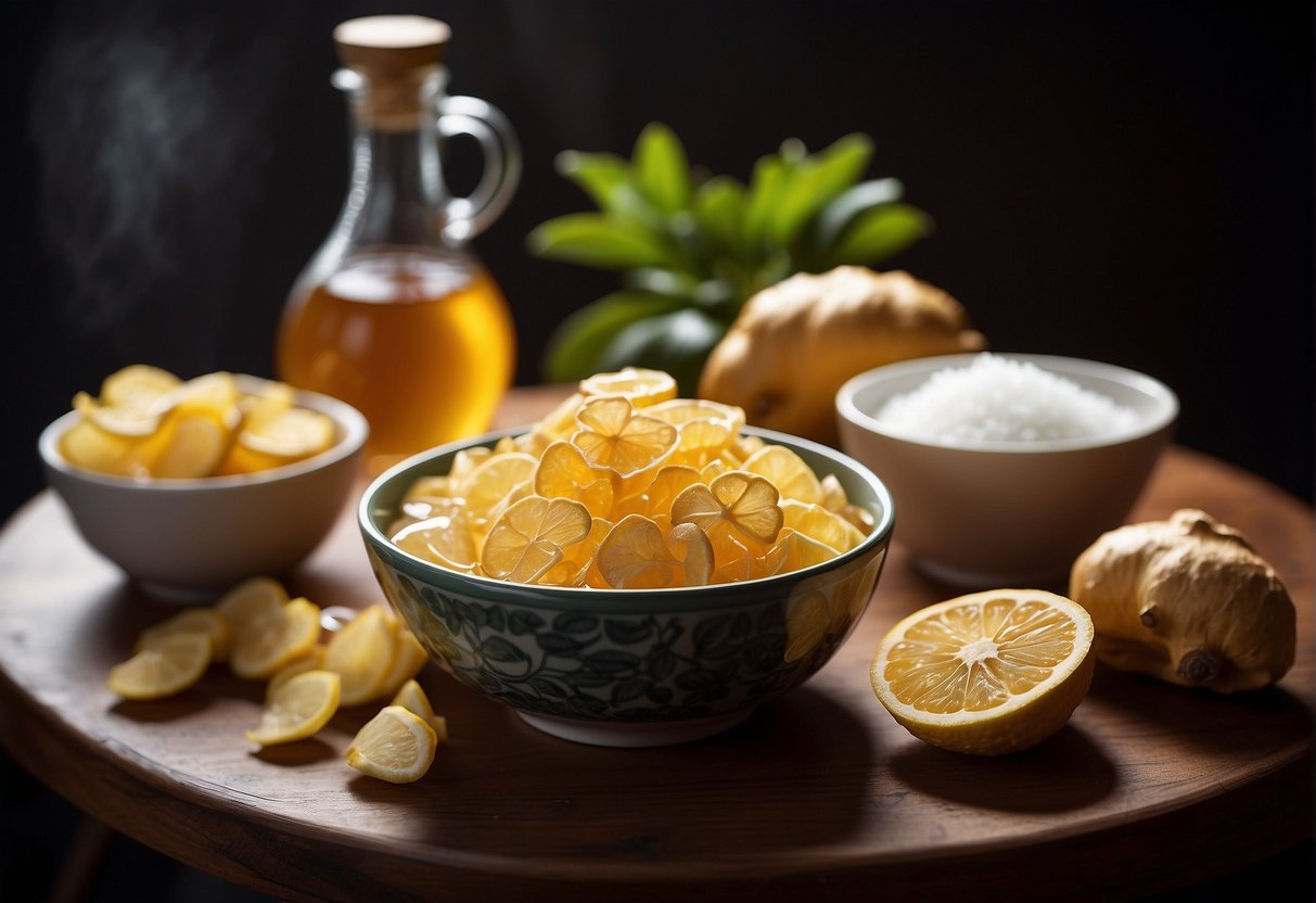 A table with ingredients: ginger, sugar, and vinegar. A bowl with sliced ginger soaking in a sweet and tangy syrup