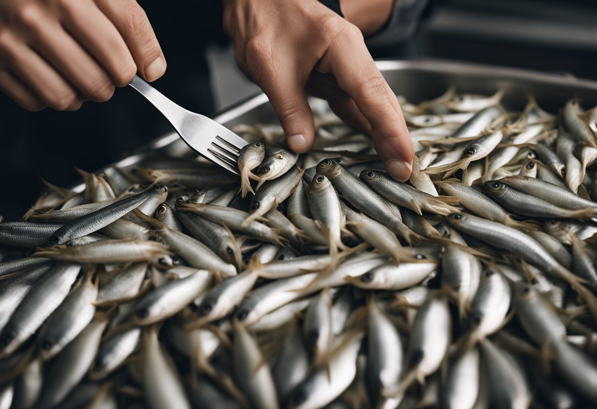A chef carefully selects fresh whitebait from a pile, inspecting the small fish for quality and freshness