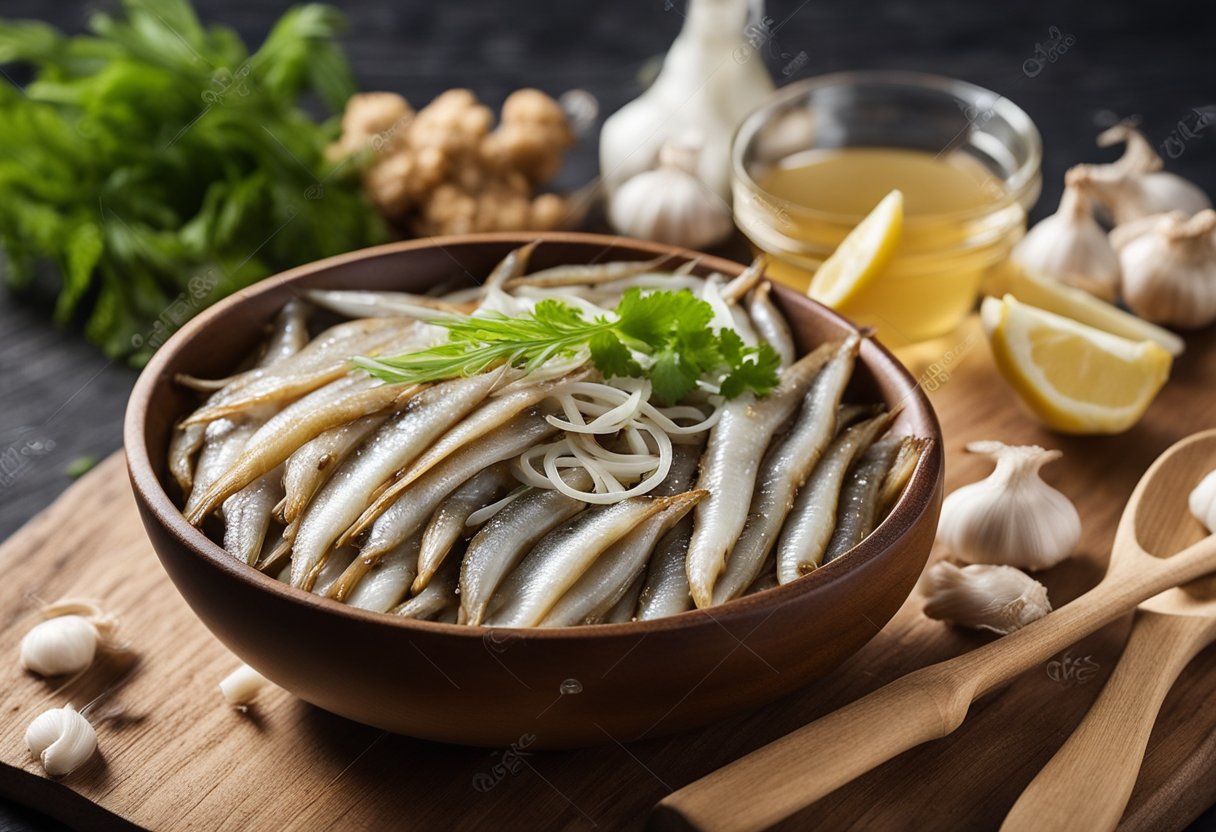 A bowl of whitebait, ginger, garlic, and soy sauce on a wooden chopping board, with a small dish of cornstarch and a bottle of vegetable oil nearby