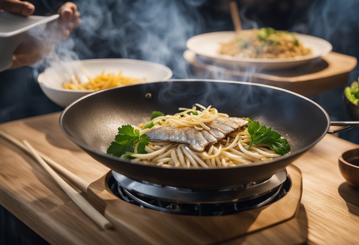 A wok sizzles as whitebait is stir-fried with ginger and garlic. A pair of chopsticks flips the tiny fish in the hot oil