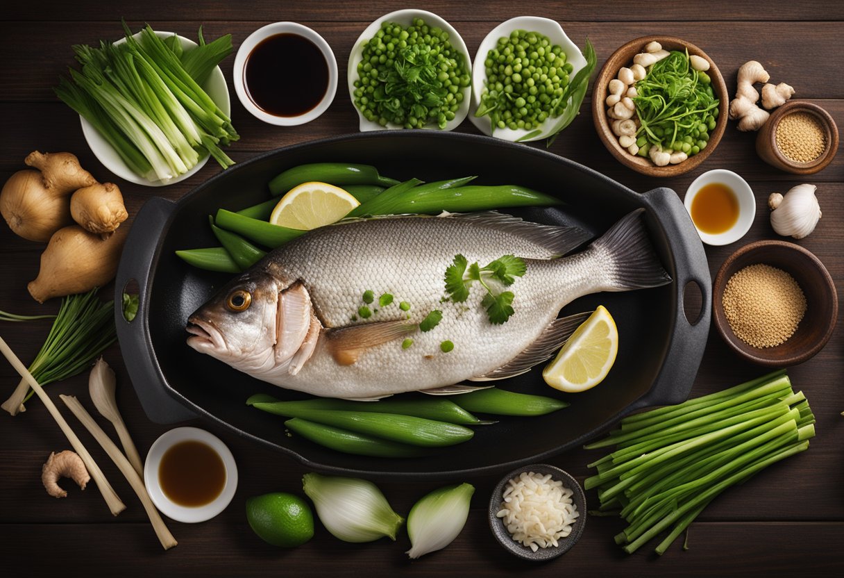 A white snapper surrounded by traditional Chinese ingredients like ginger, garlic, soy sauce, and green onions, ready to be cooked in a wok