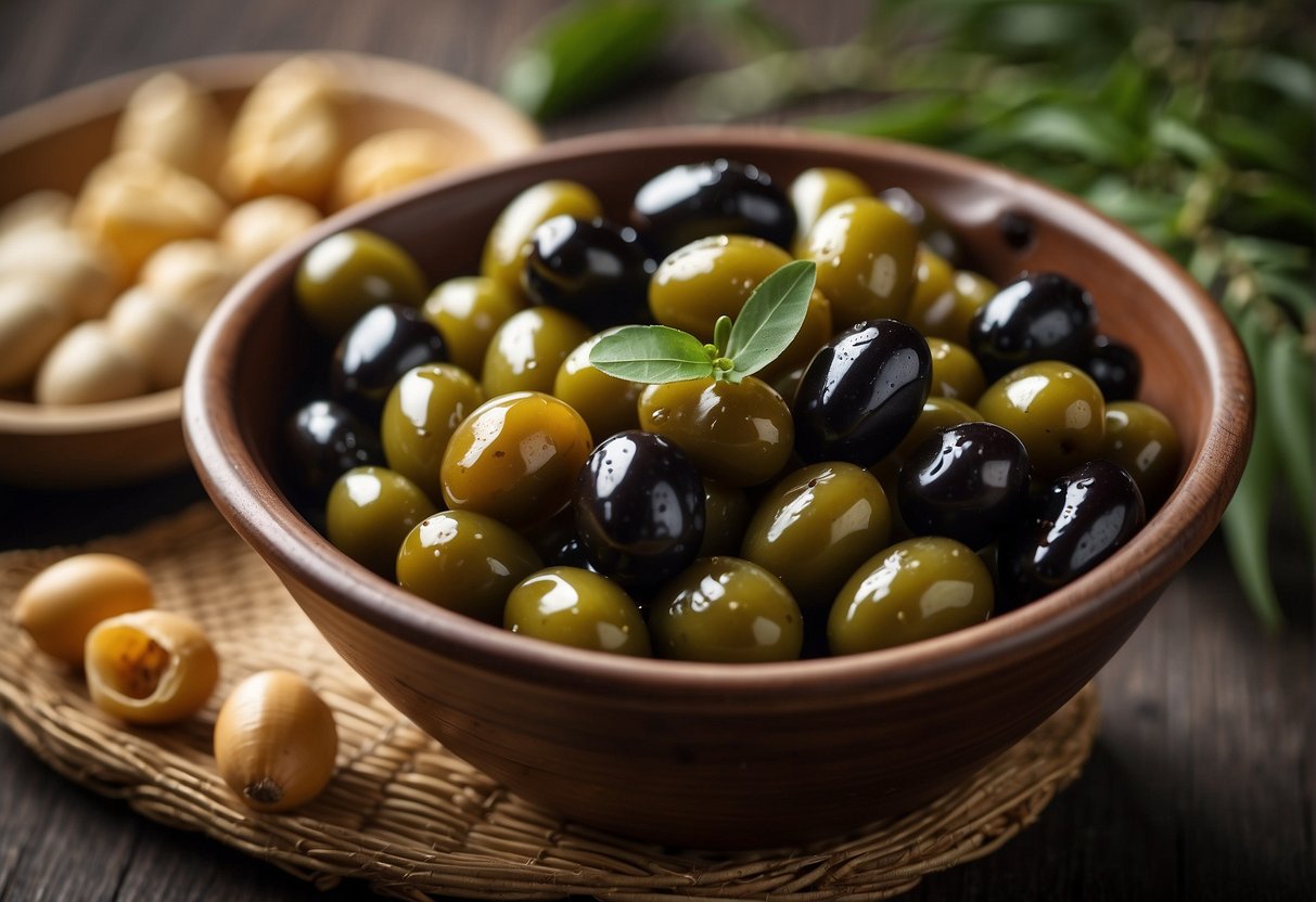 A bowl of Chinese preserved olives surrounded by alternative ingredients like soy sauce, ginger, and garlic