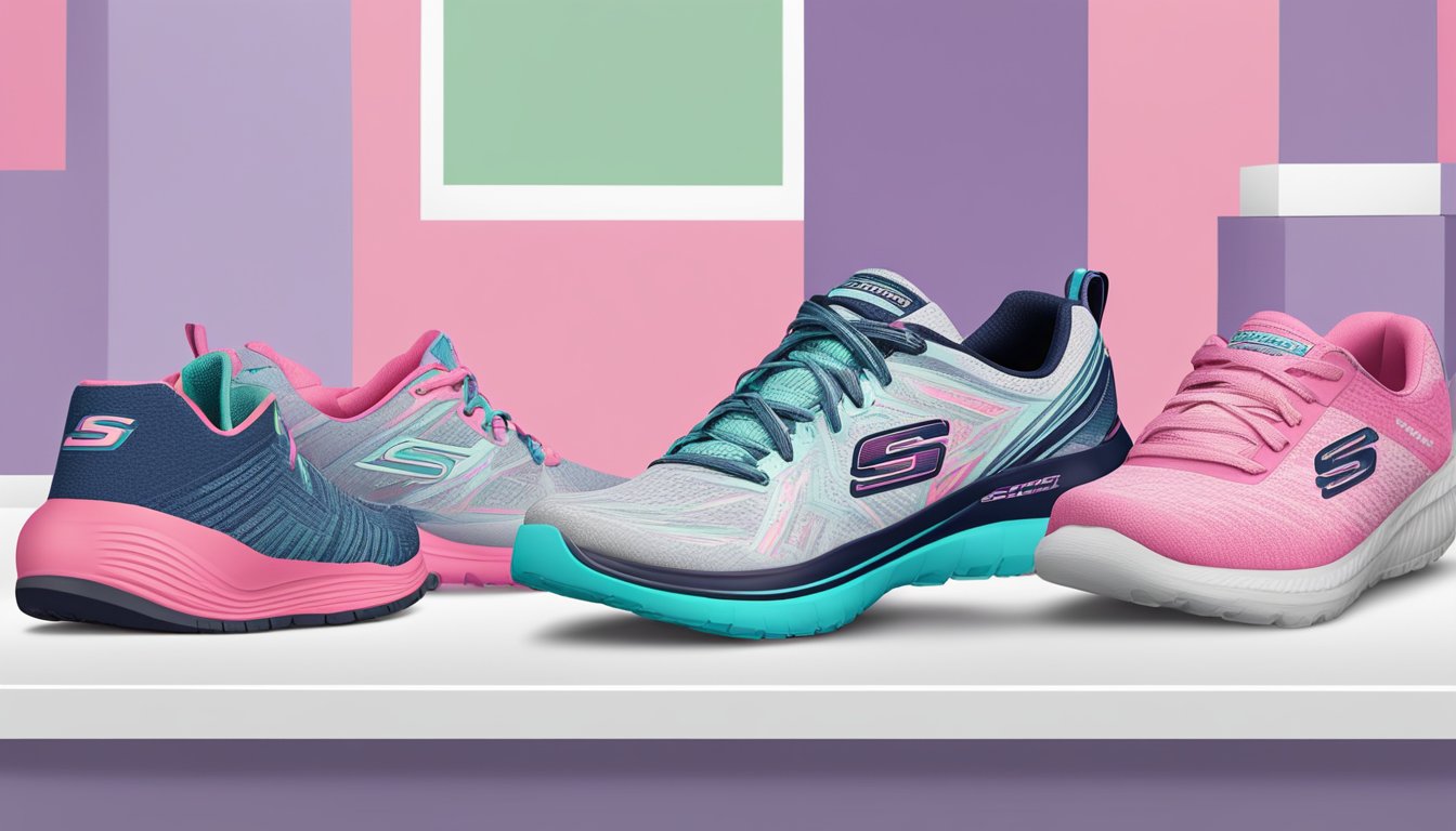 A computer screen displaying a website with various Skechers women's shoes available for purchase