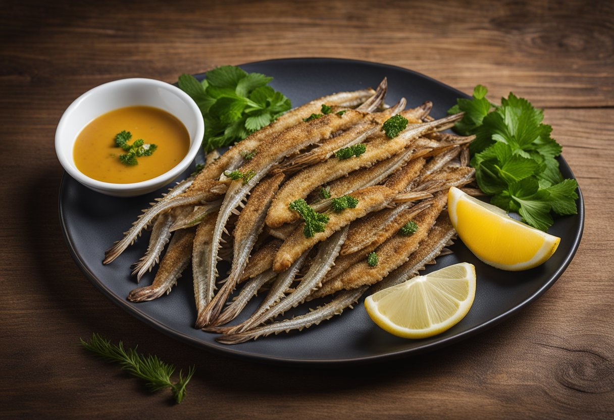 A platter of crispy whitebait garnished with fresh herbs and served with a side of tangy dipping sauce