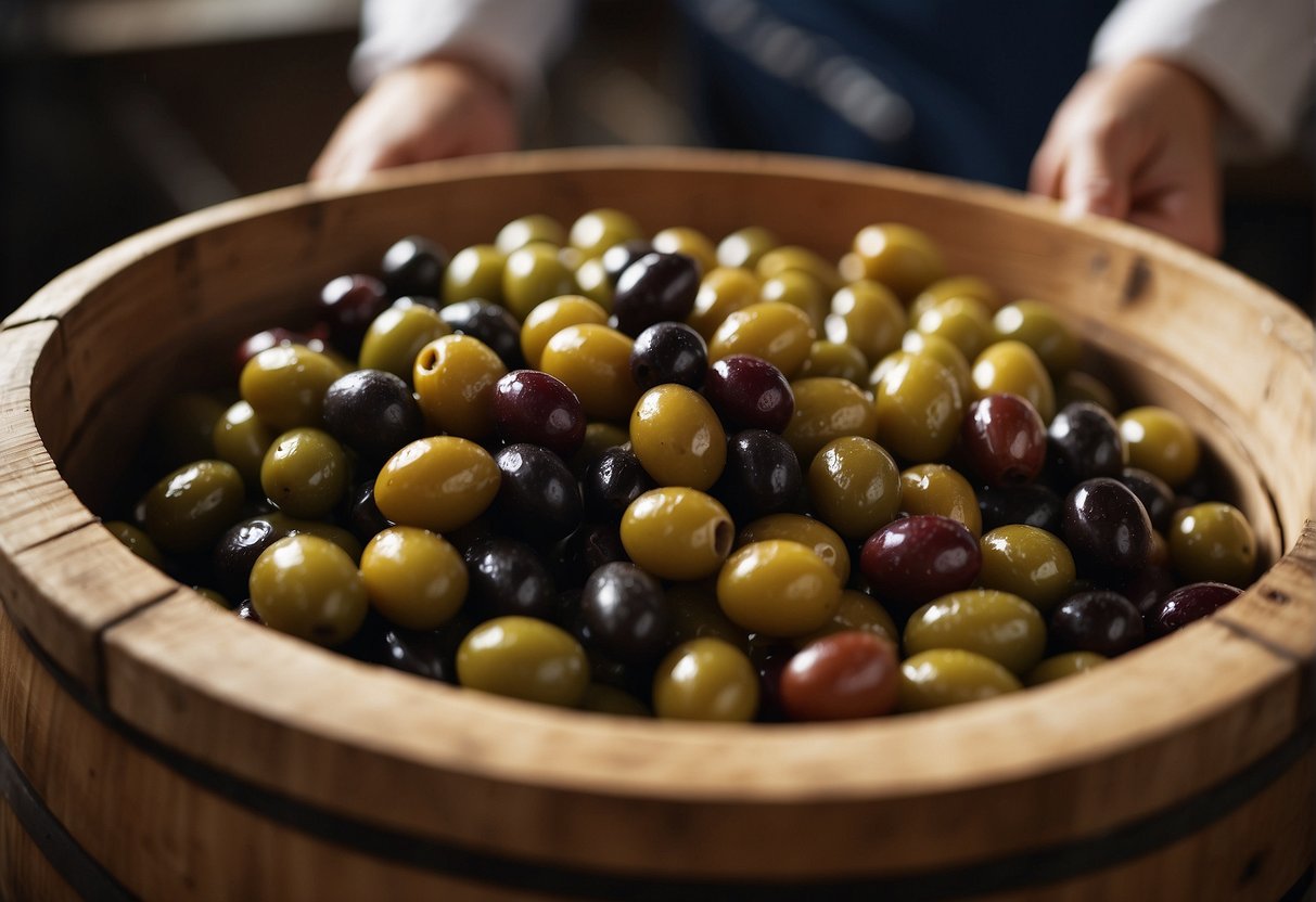 Chinese preserved olives being washed, pitted, and salted in a traditional wooden barrel