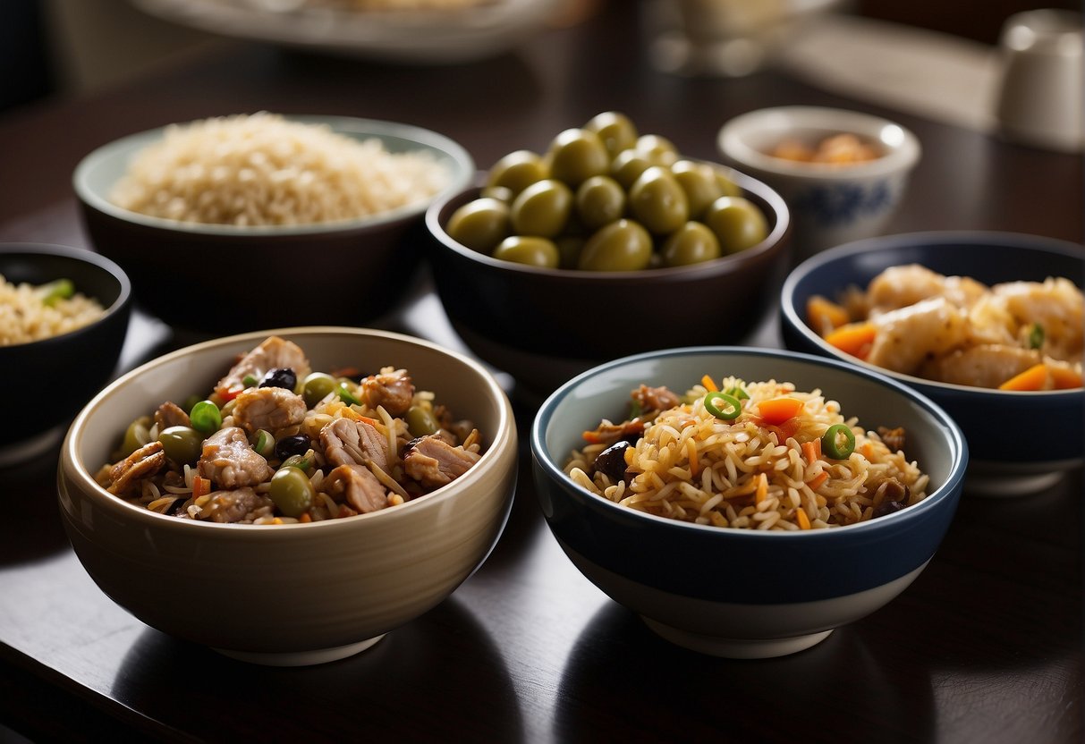 A table set with various Chinese preserved olive dishes, including olive fried rice, olive chicken, and olive pork stir-fry