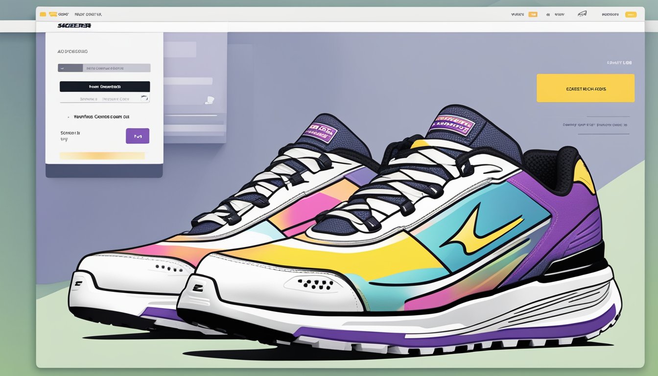 A computer screen displays a website with various Skechers women's shoes. A cursor hovers over the "add to cart" button