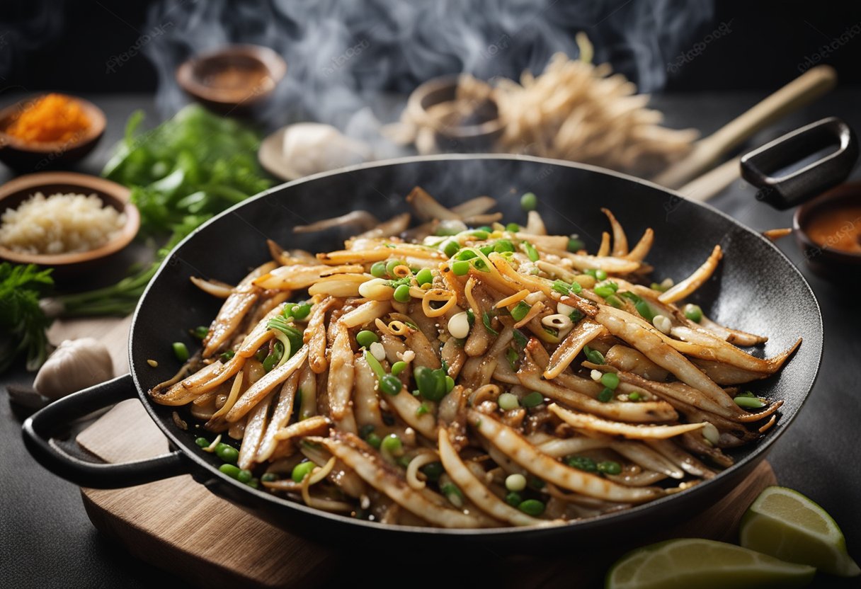 A sizzling wok tosses whitebait with ginger, garlic, and soy sauce. Green onions and chili peppers add color and heat