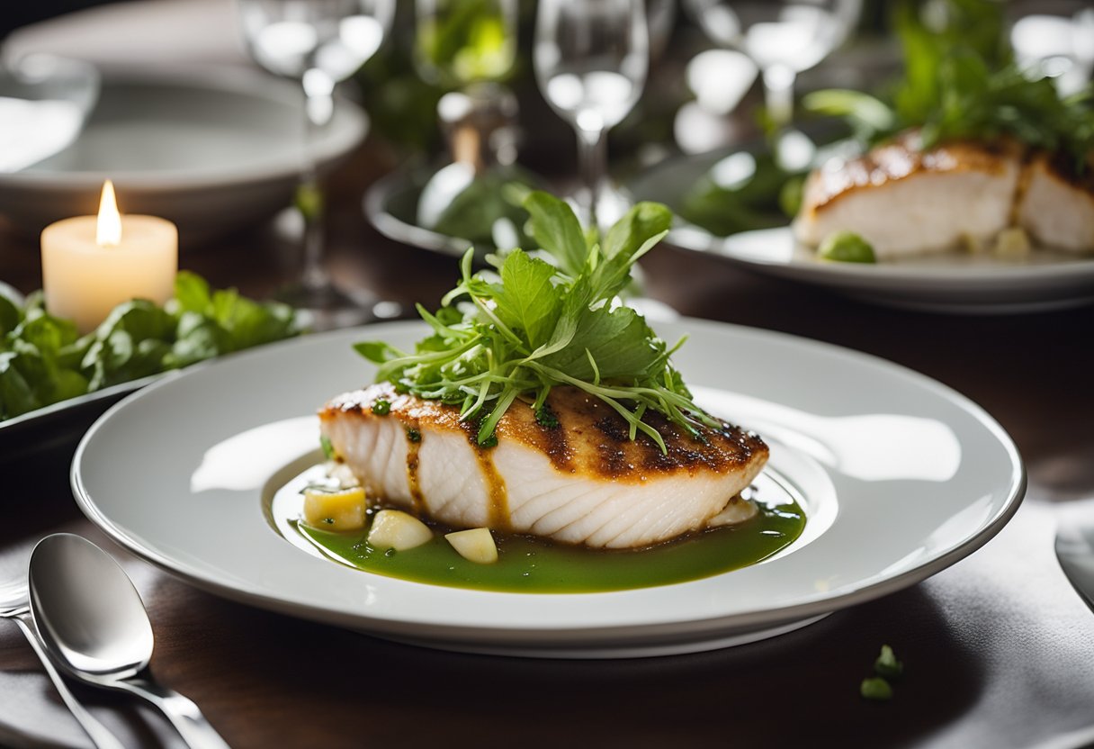 A white snapper dish is elegantly arranged on a round white plate with vibrant green garnishes and a drizzle of savory sauce