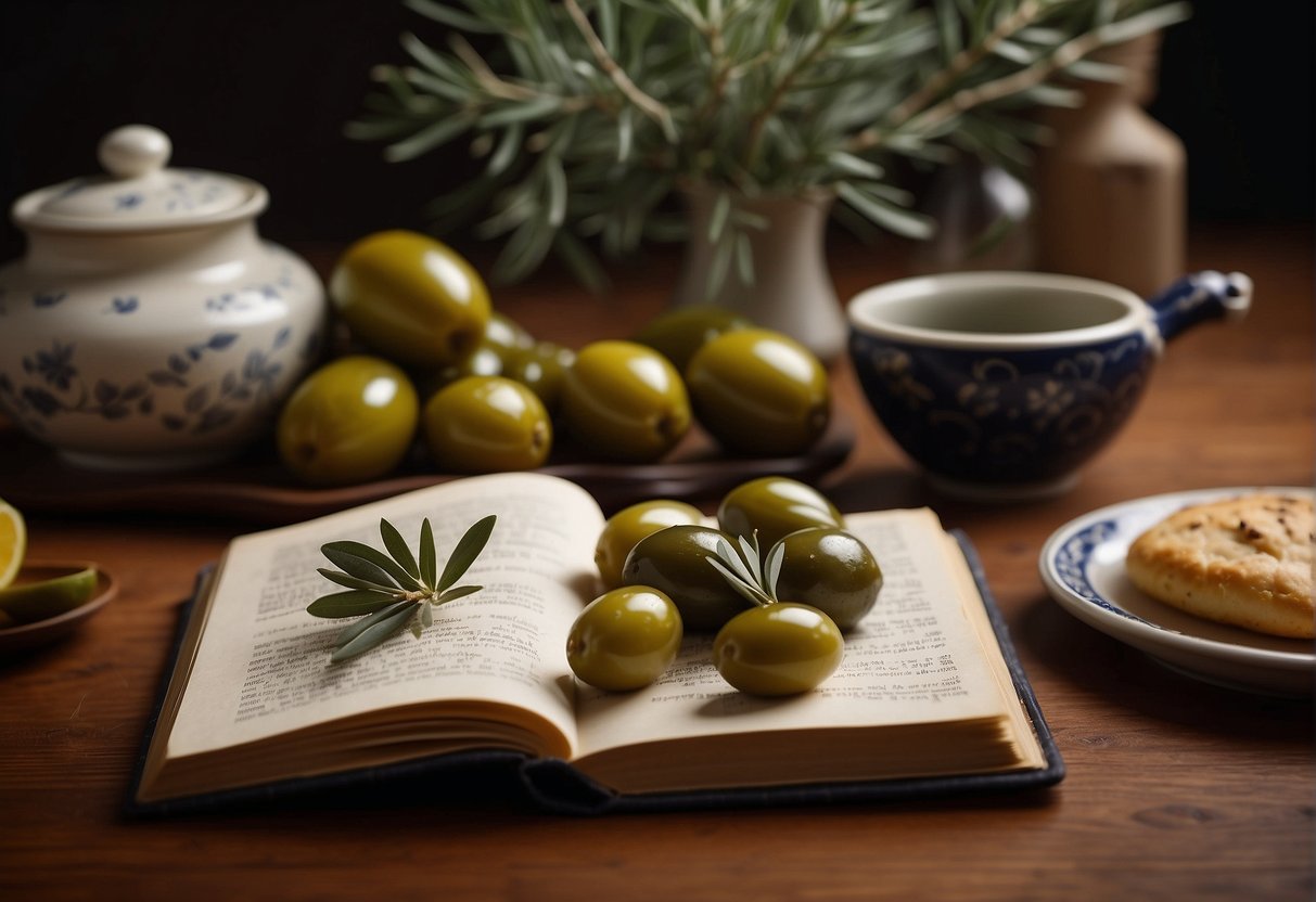 A table with various preserved olive dishes, a chef's hat, and a recipe book open to "Frequently Asked Questions Chinese Preserved Olive Recipes"