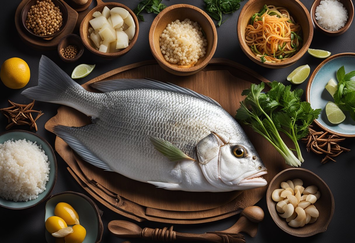 A white snapper surrounded by Chinese ingredients and cooking utensils