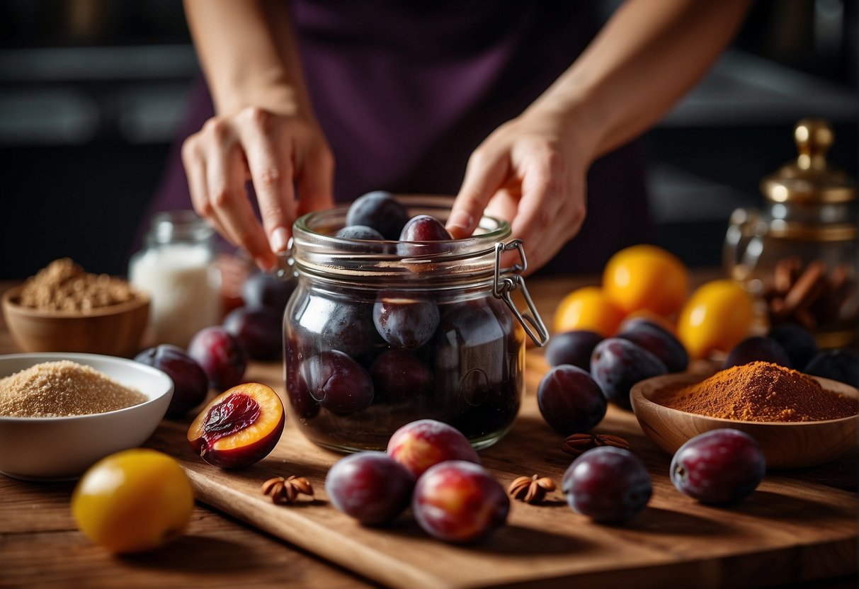 A hand reaches for a jar of preserved plums, surrounded by ingredients like sugar, salt, and spices on a kitchen counter