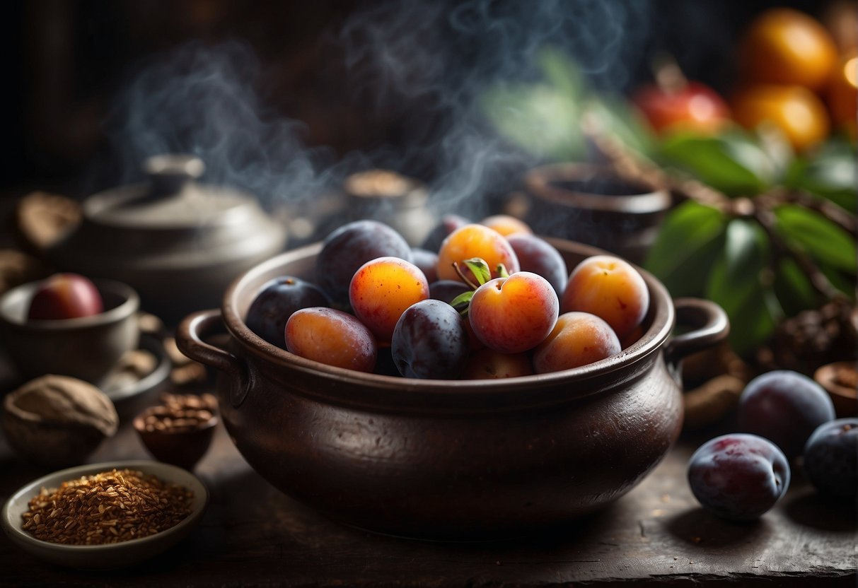 A steaming pot of preserved plums surrounded by traditional Chinese herbs and spices, symbolizing centuries of cultural significance and culinary history