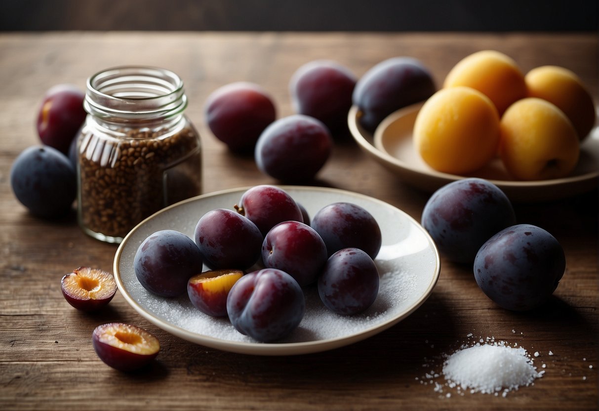 A table with ingredients like plums, sugar, and salt. A jar filled with preserved plums. A recipe book open to a page with variations